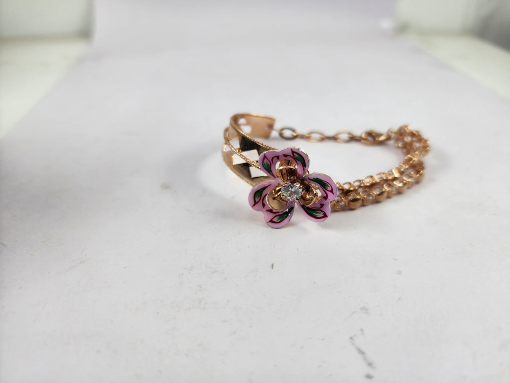 Pink Floral Silver Bracelet for Women with Dangling Solitaire Diamonds