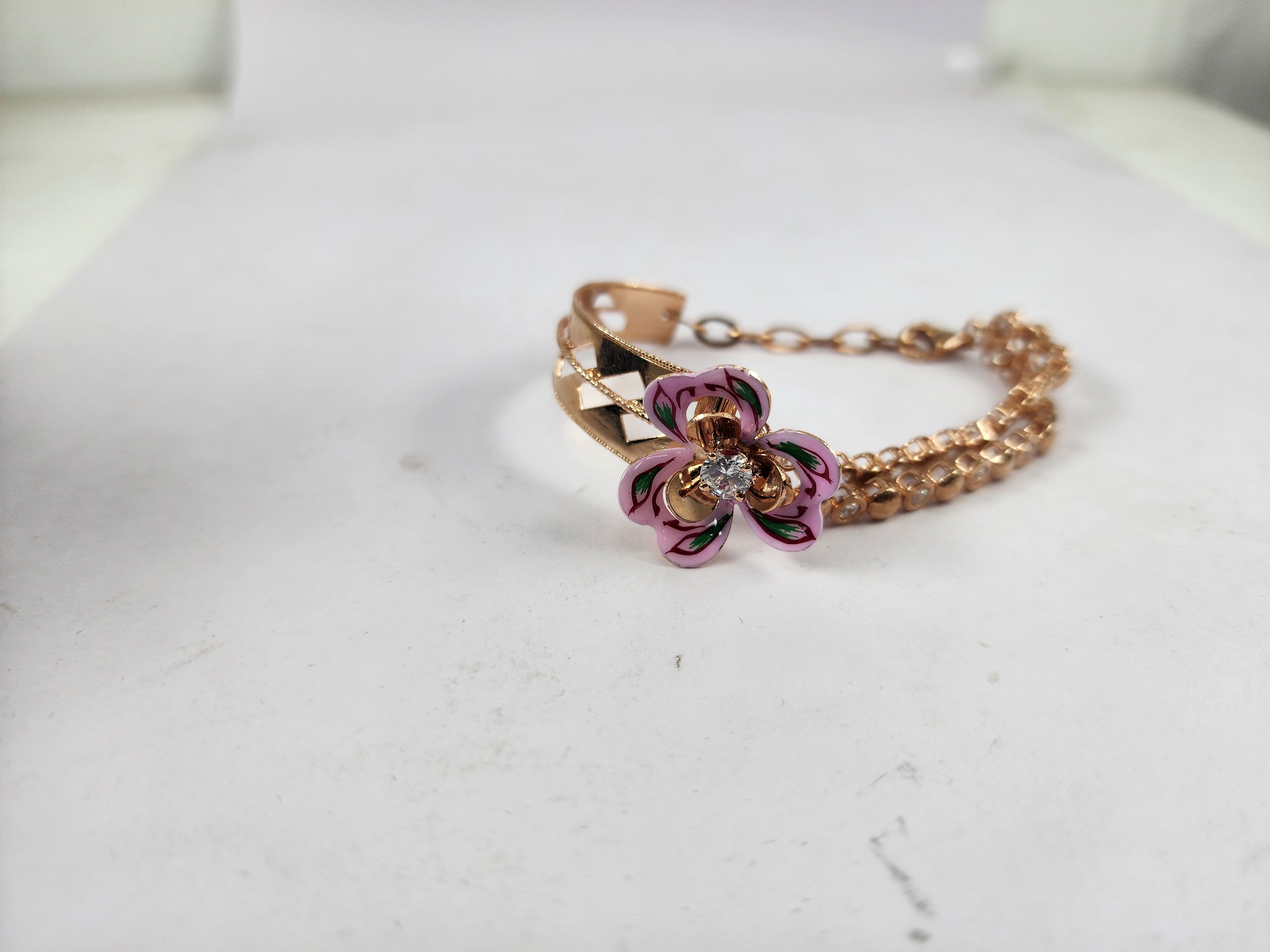 Pink Floral Silver Bracelet for Women with Dangling Solitaire Diamonds