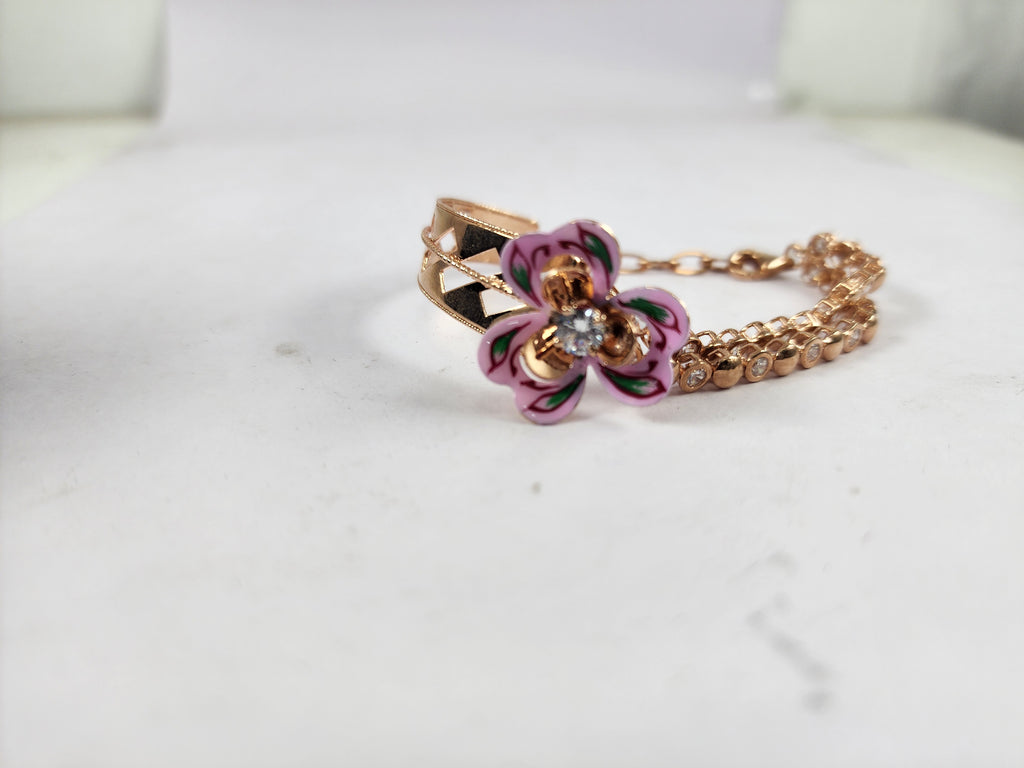 Pink Floral Silver Bracelet for Women with Dangling Solitaire Diamonds