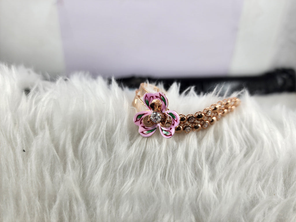 Pink Floral Silver Bracelet for Women with Dangling Solitaire Diamonds