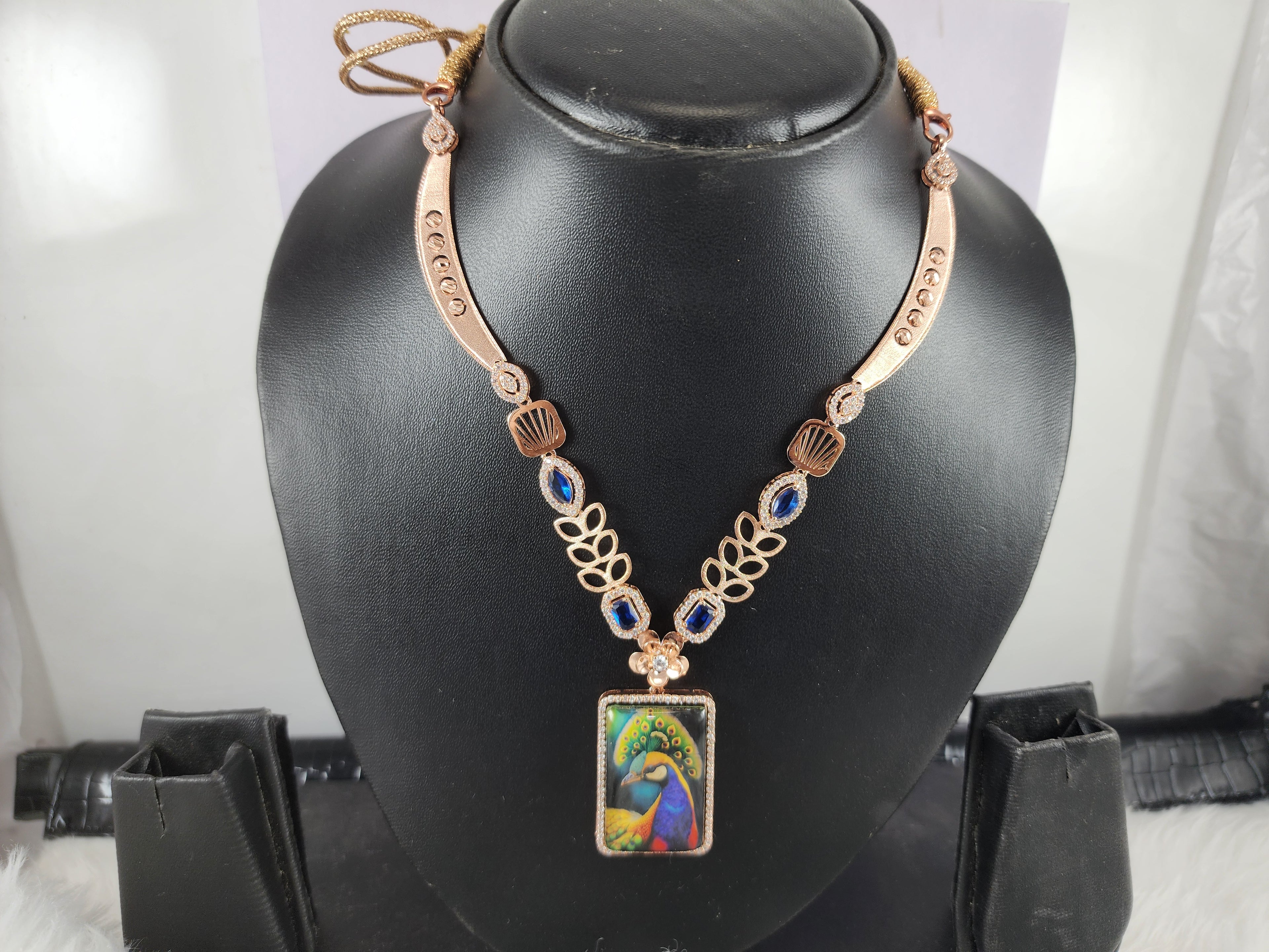 Silver Peacock Themed Rose Gold Plated Necklace Set