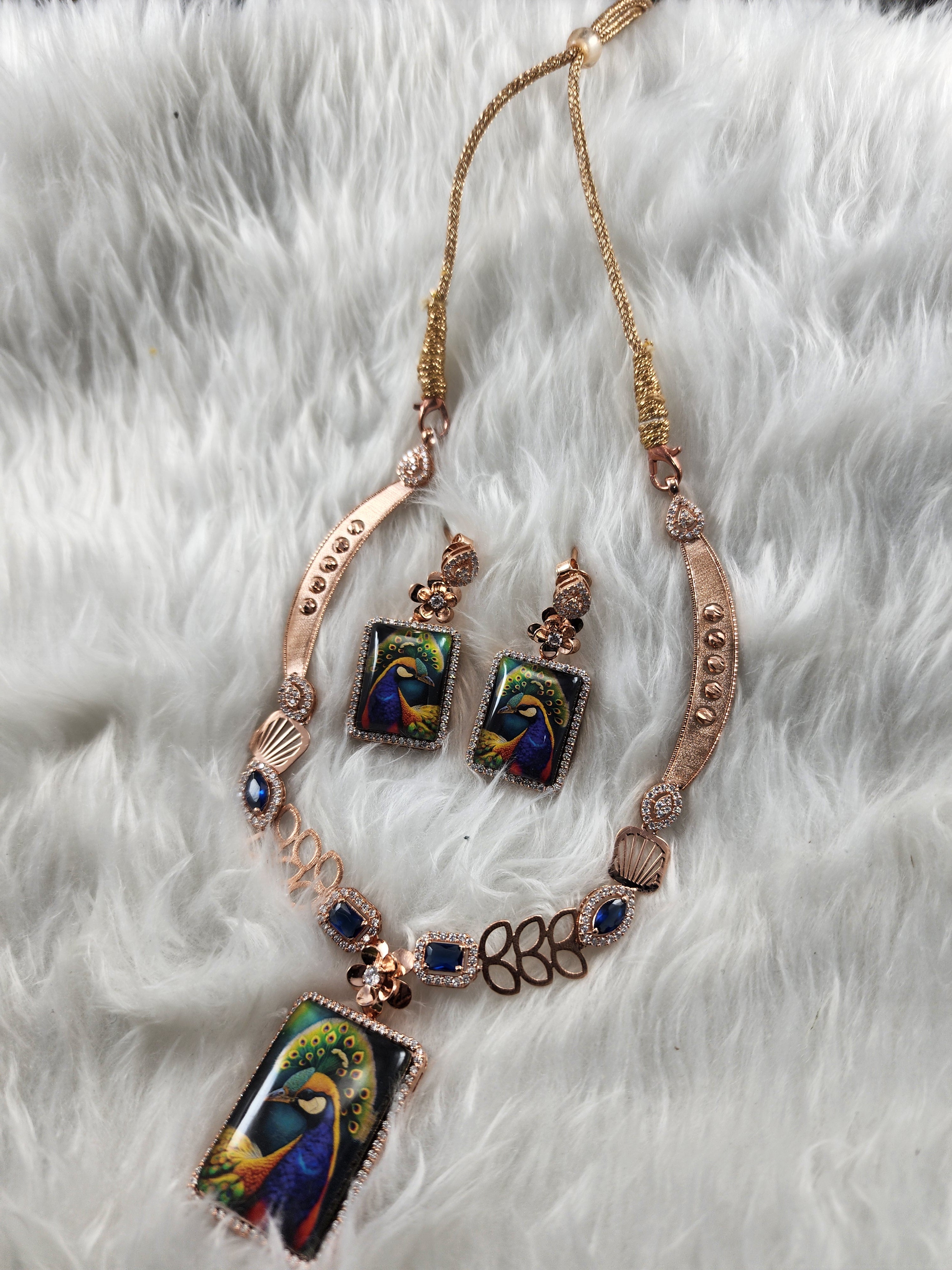 Silver Peacock Themed Rose Gold Plated Necklace Set
