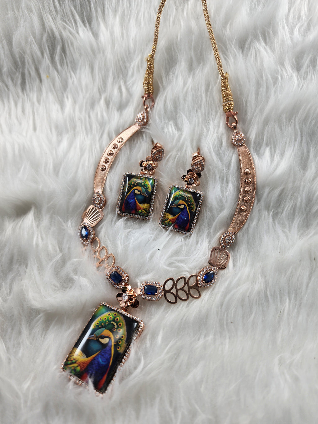 Silver Peacock Themed Rose Gold Plated Necklace Set