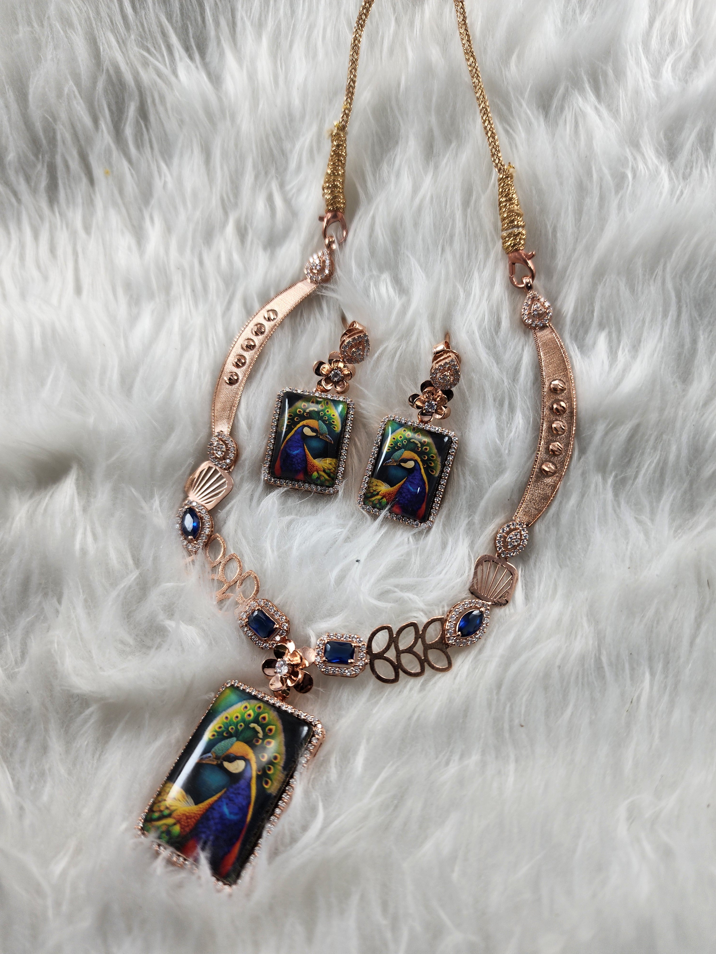Silver Peacock Themed Rose Gold Plated Necklace Set