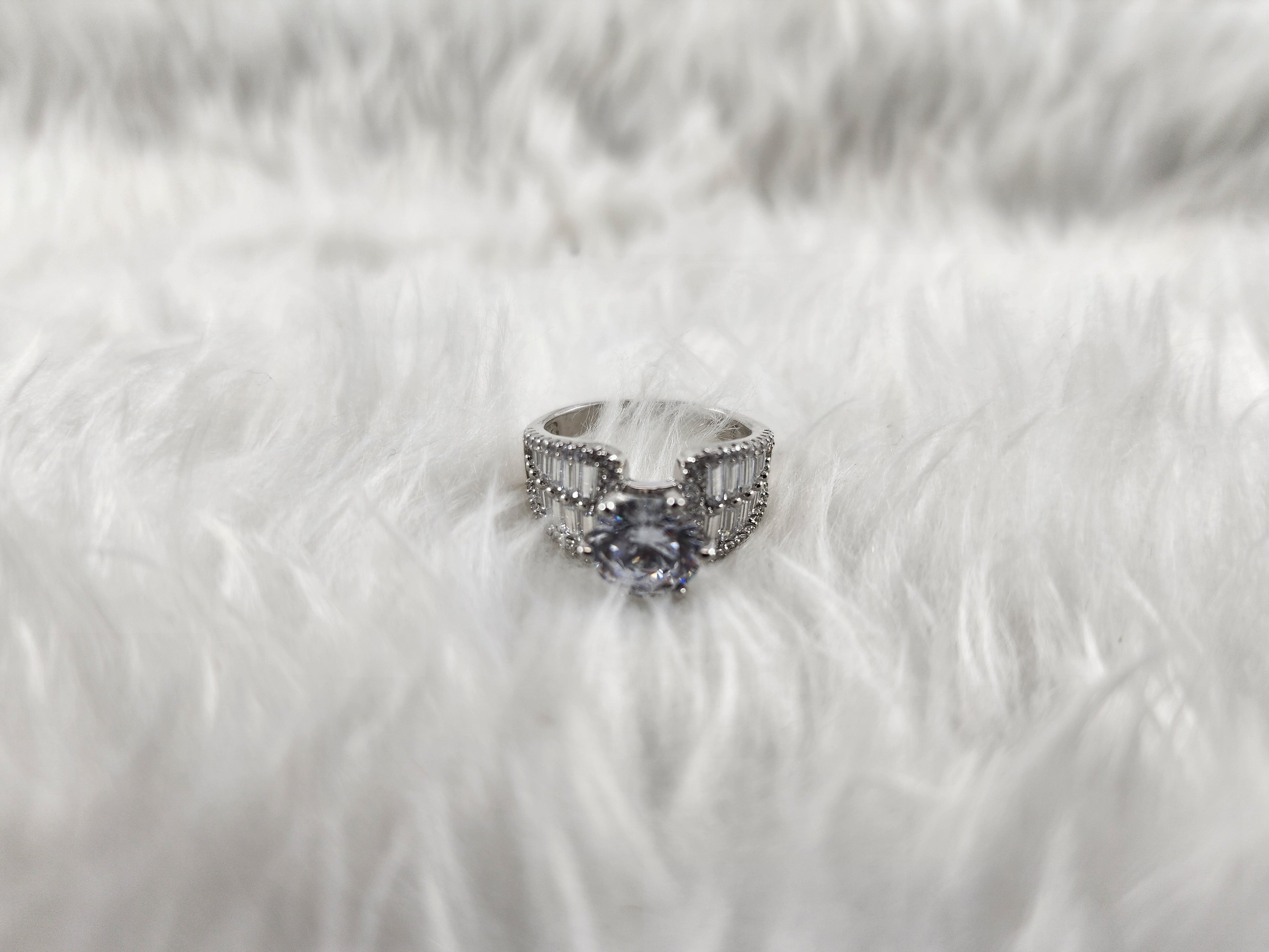 Silver Solitaire plus Baguette Diamonds Bridal Ring