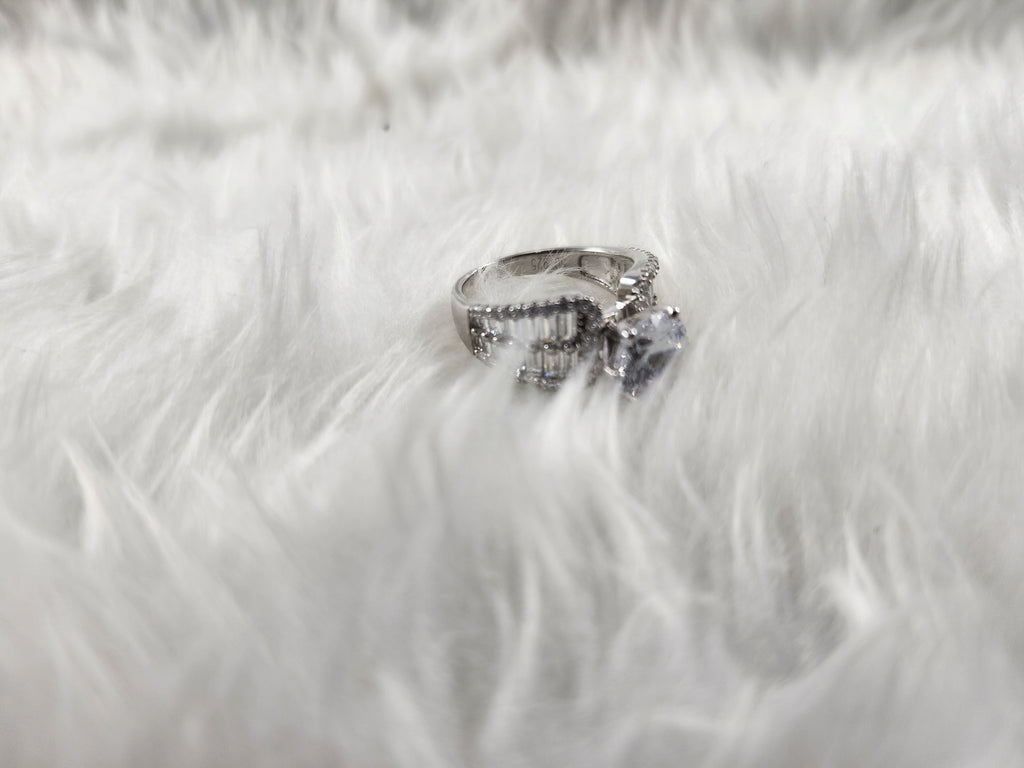 Silver Solitaire plus Baguette Diamonds Bridal Ring