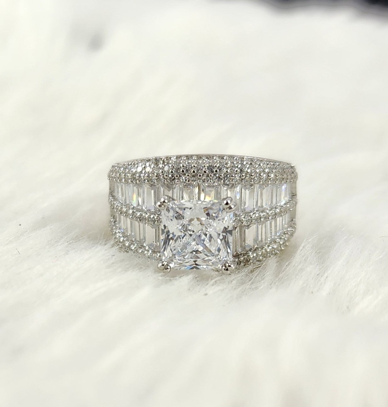 Silver Solitaire Plus Round Baguette Diamonds Size 7 Bridal Ring