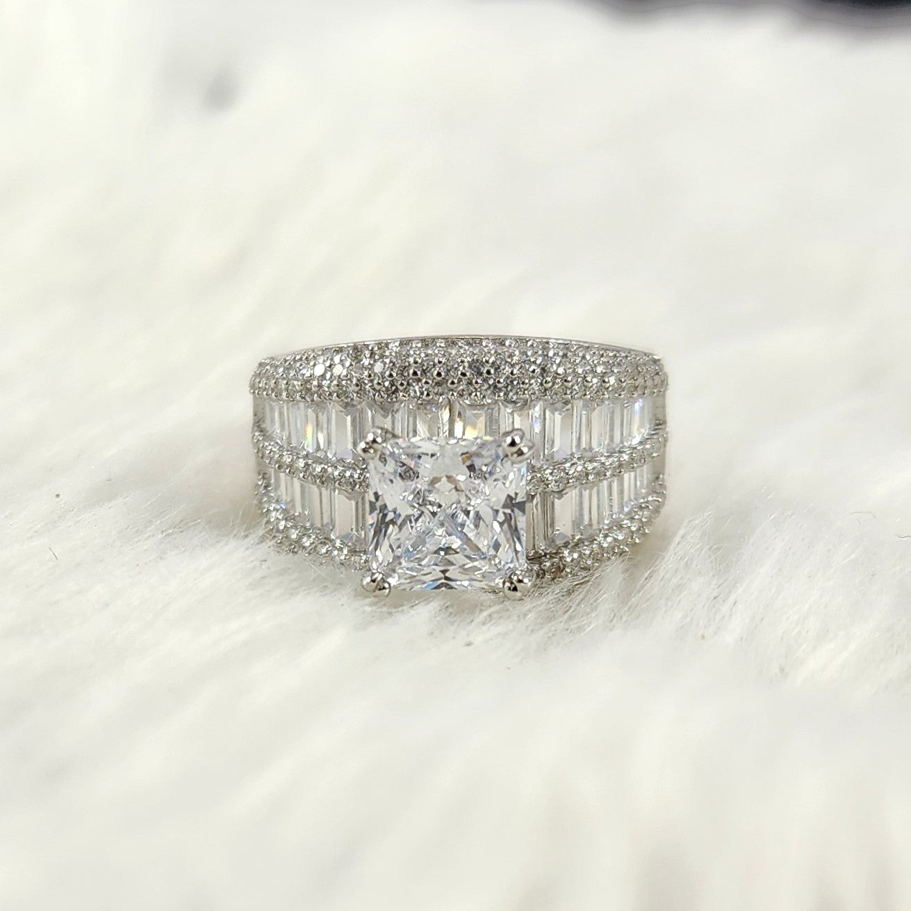 Silver Solitaire Plus Round Baguette Diamonds Size 7 Bridal Ring