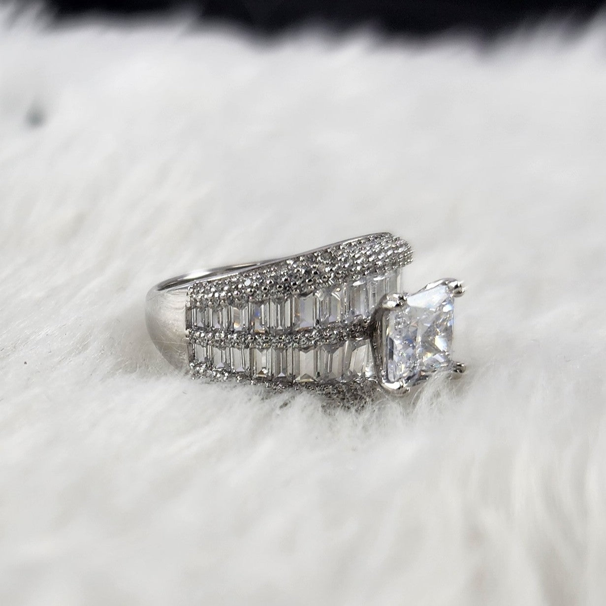 Silver Solitaire Plus Round Baguette Diamonds Size 7 Bridal Ring