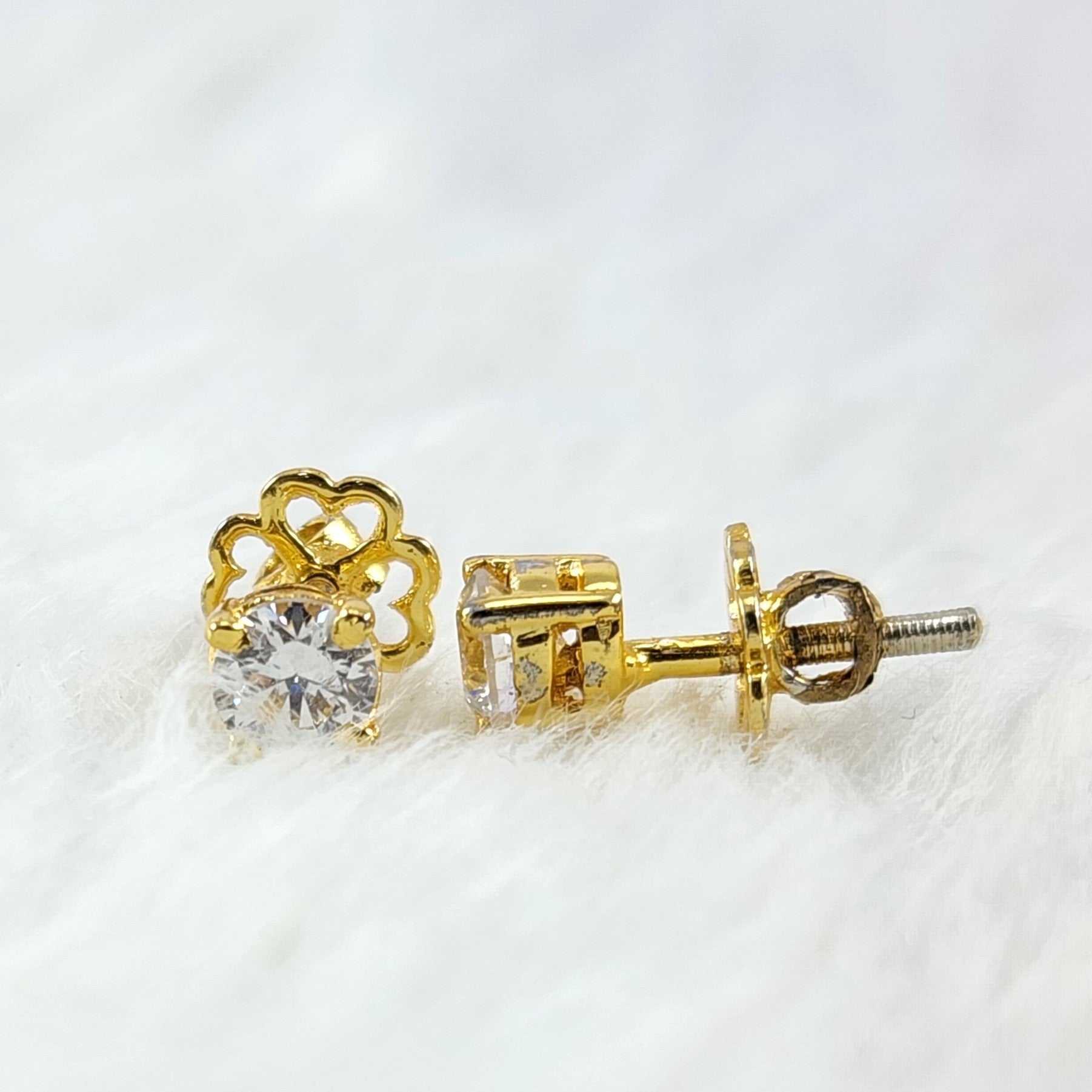 Silver Solitaire Cubic Zirconia Round Diamond Floral back Yellow Gold Plated Stud Earring for Women