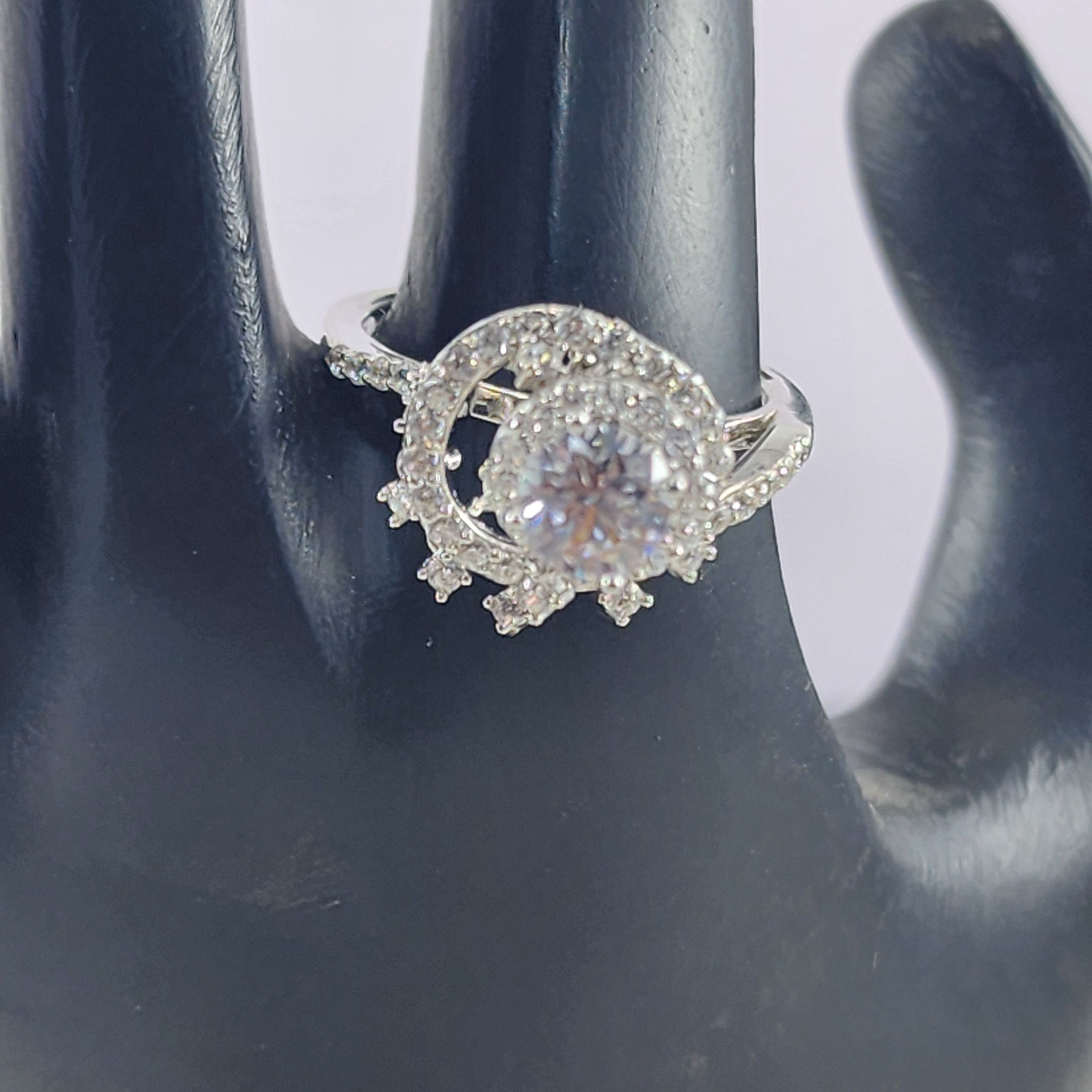 Round Brilliant Solitaire Plus Dangling Diamonds CZ Silver Bridal Ring for Women Size 8