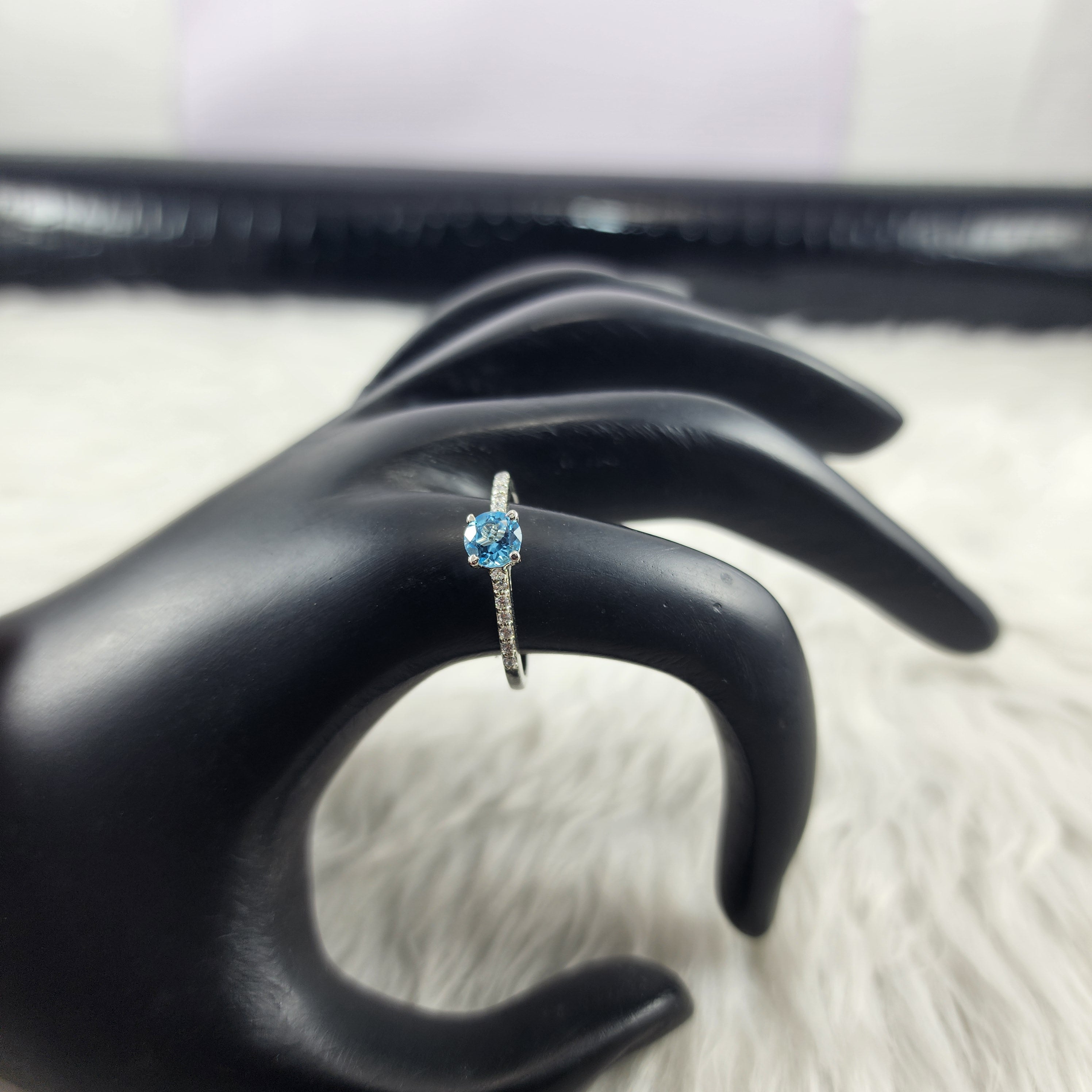 Round Cut Aqua Blue Solitaire plus Lab Created Diamonds Silver Ring for Women Size 7.5