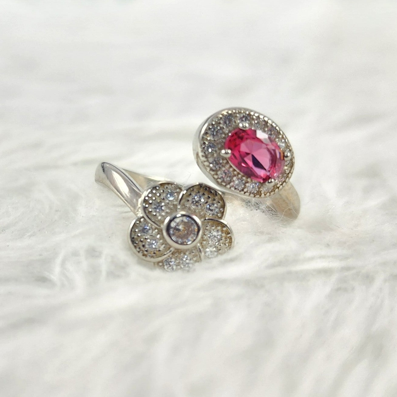 Ruby Pink Oval Solitaire CZ Diamonds Ring for Women Size 5.5 Adjustable