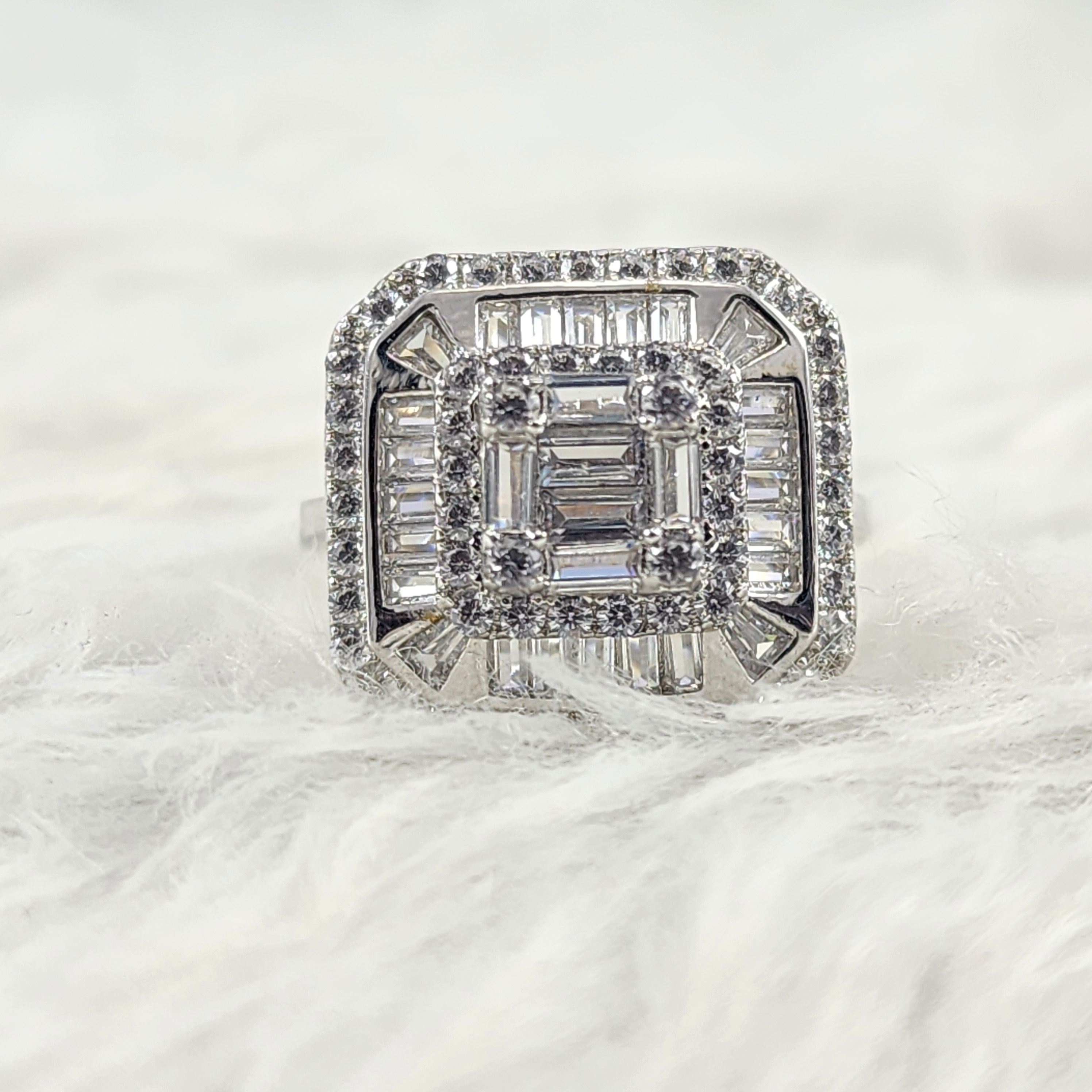 Emerald Cut Crown Designer CZ Diamonds Silver Ring for Women Size 7