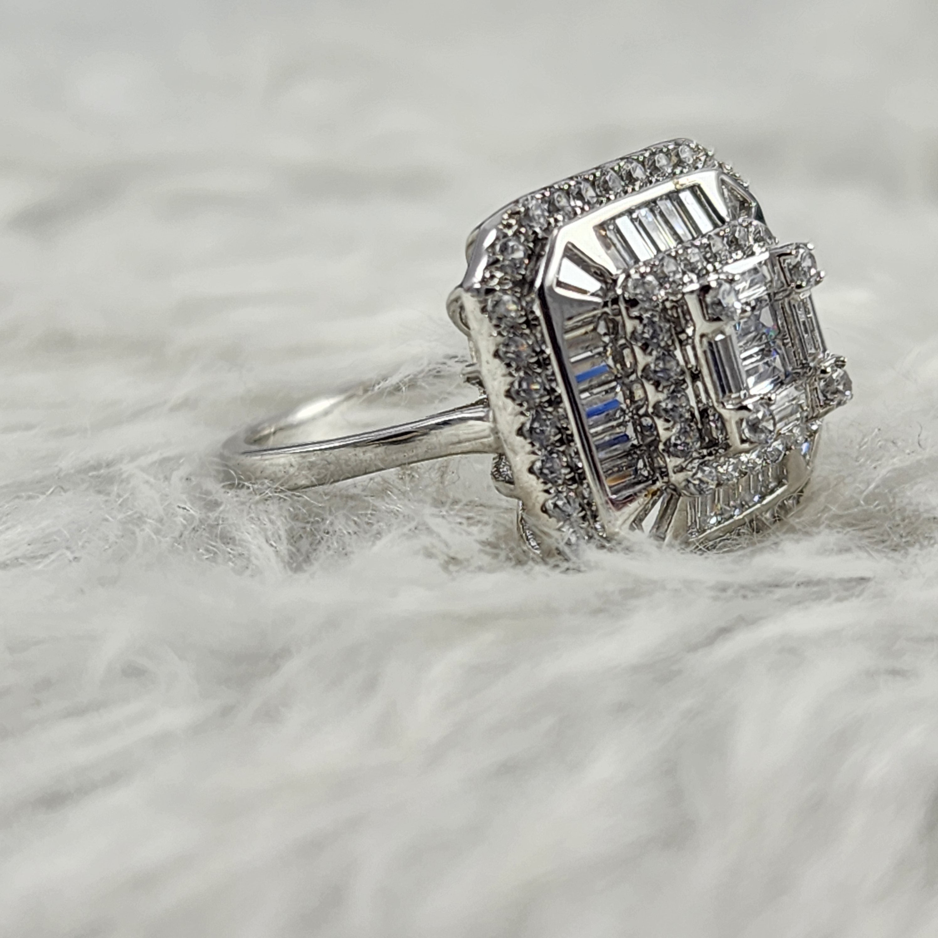 Emerald Cut Crown Designer CZ Diamonds Silver Ring for Women Size 7