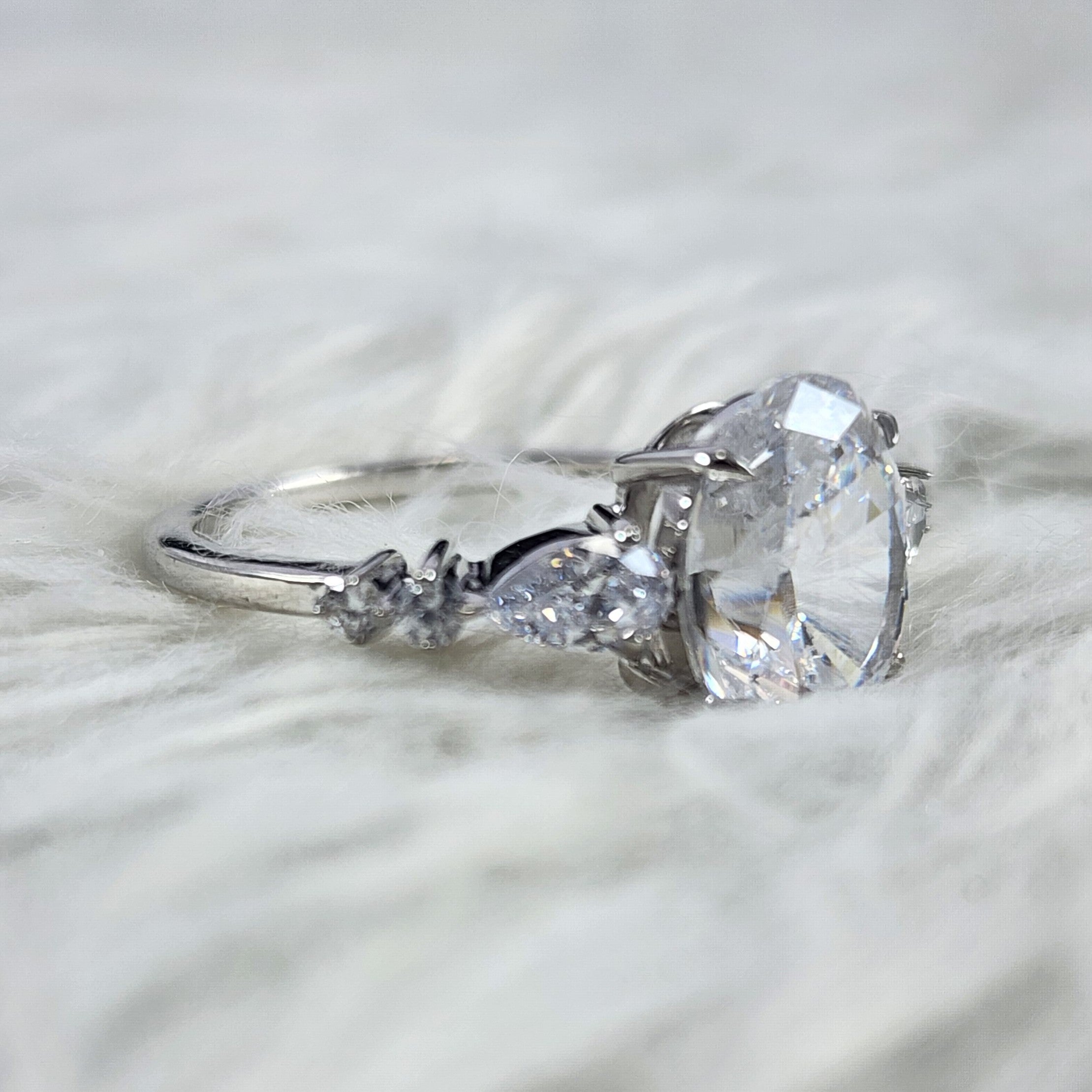 Silver Oval Solitaire Accents CZ Diamond Bridal Ring for Women Size 7