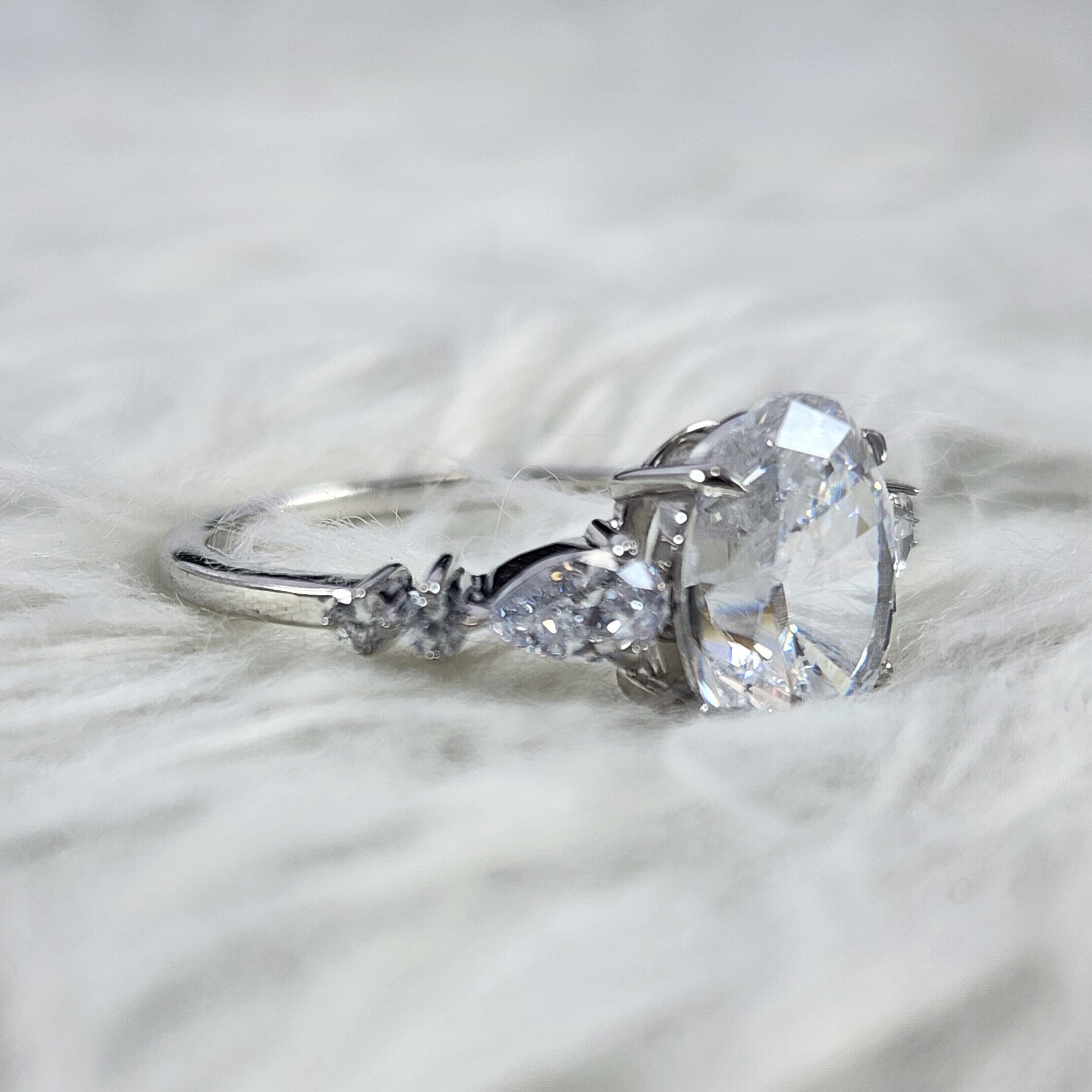 Silver Oval Solitaire Accents CZ Diamond Bridal Ring for Women Size 7