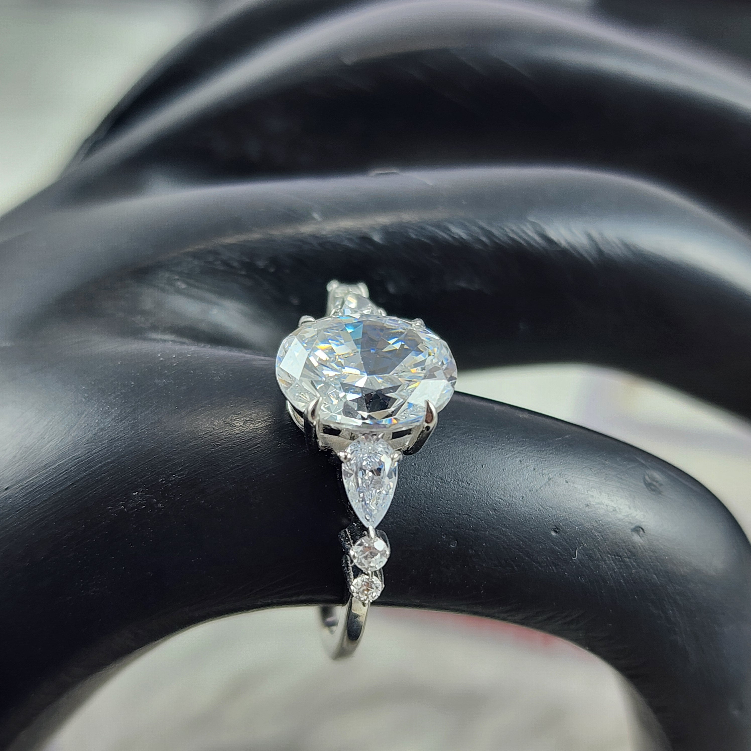 Silver Oval Solitaire Accents CZ Diamond Bridal Ring for Women Size 7