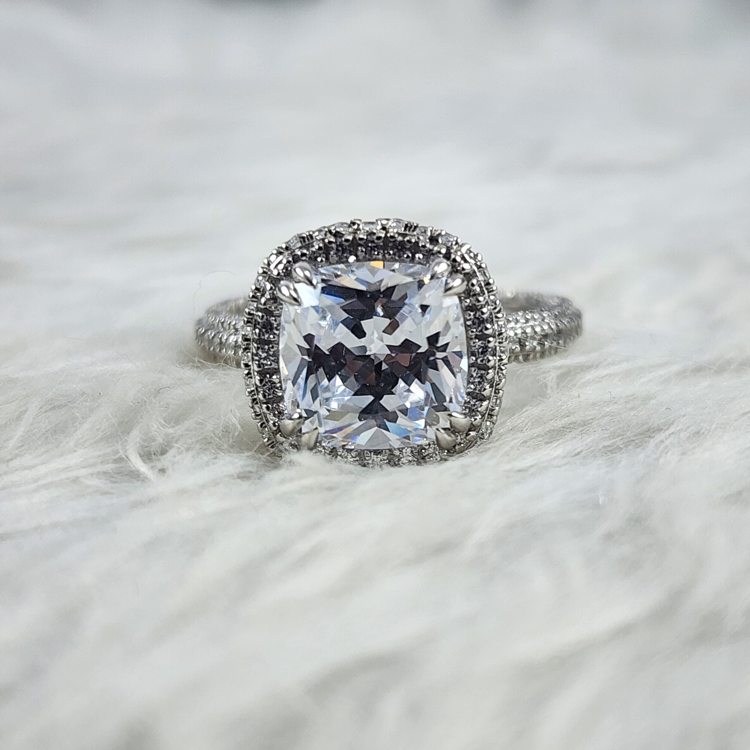 Silver Cushion Cut Solitaire plus Crown Designer CZ Diamonds Bridal Ring for Women Size 7