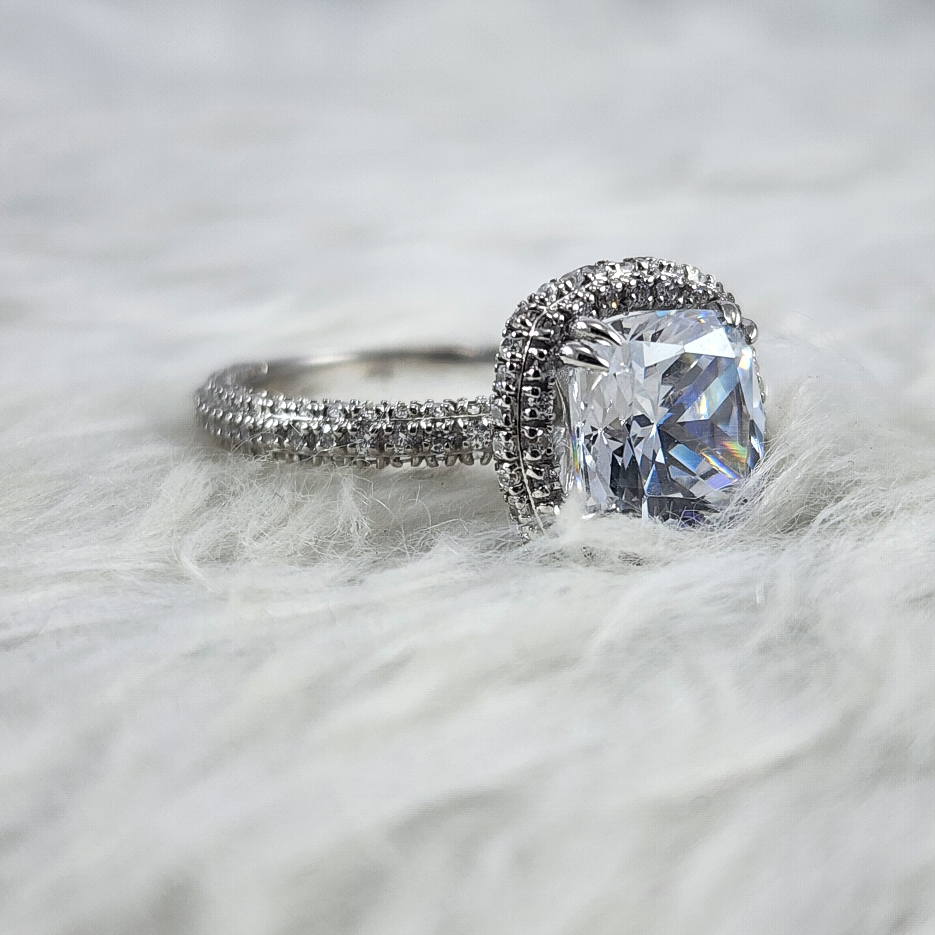 Silver Cushion Cut Solitaire plus Crown Designer CZ Diamonds Bridal Ring for Women Size 7