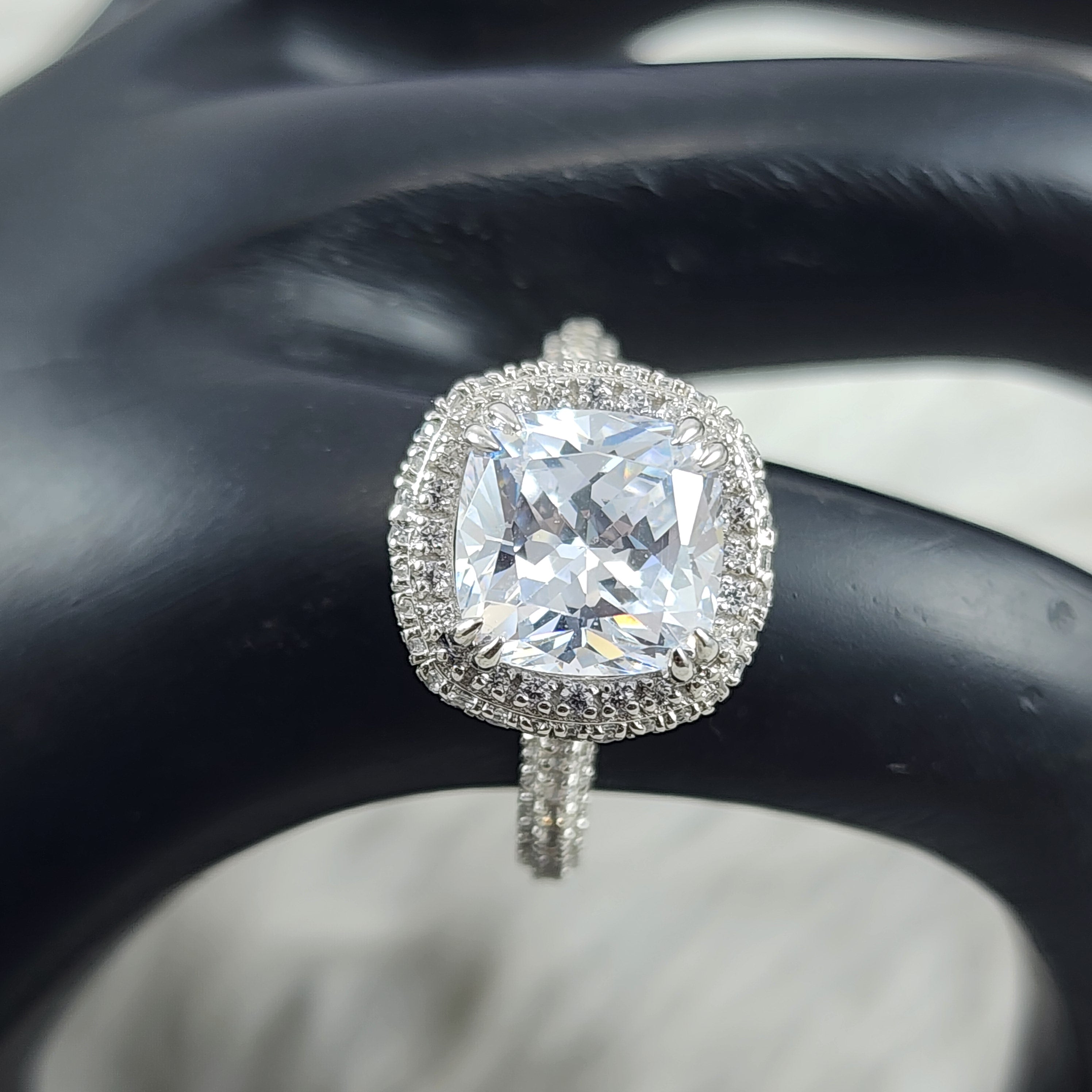 Silver Cushion Cut Solitaire plus Crown Designer CZ Diamonds Bridal Ring for Women Size 7