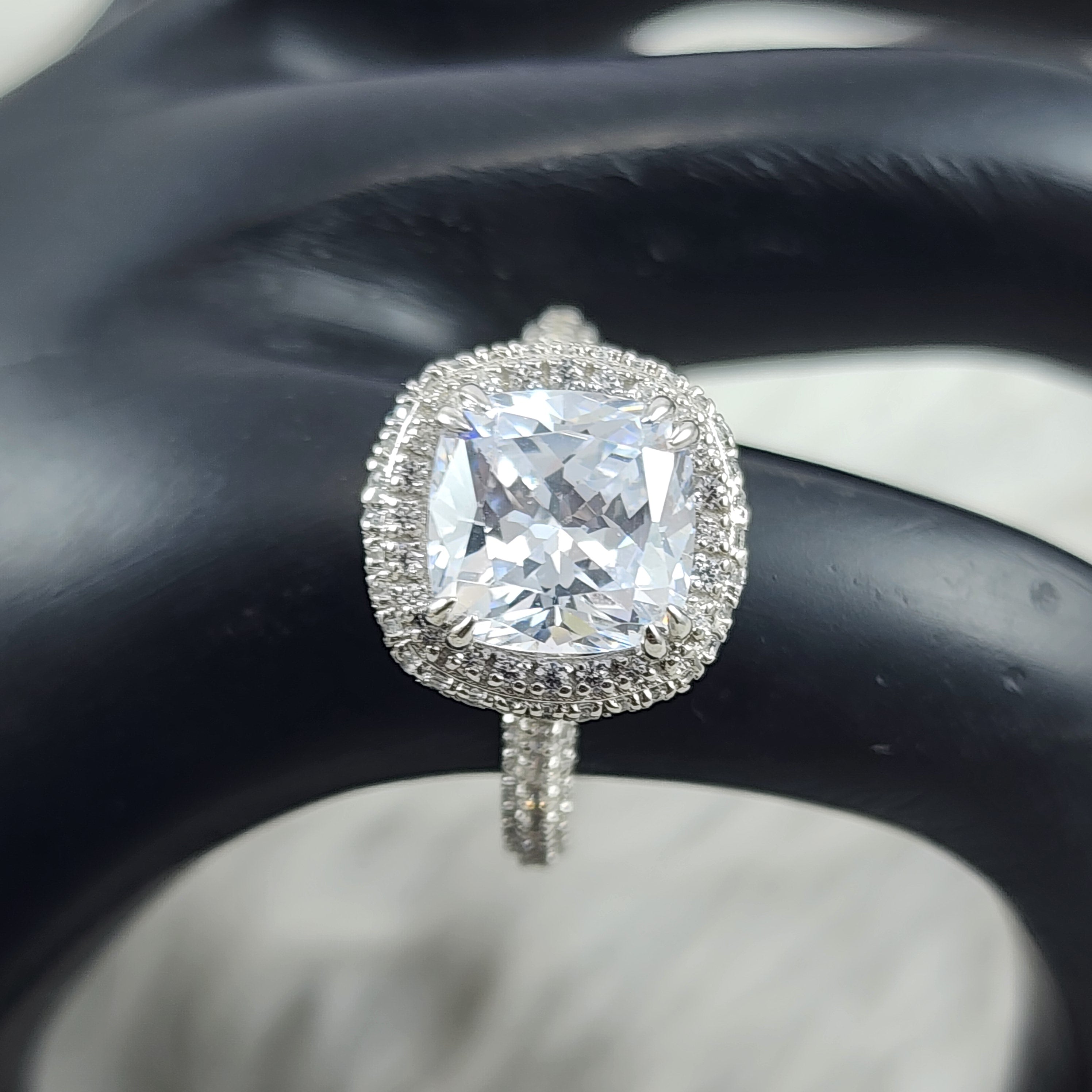 Silver Cushion Cut Solitaire plus Crown Designer CZ Diamonds Bridal Ring for Women Size 7