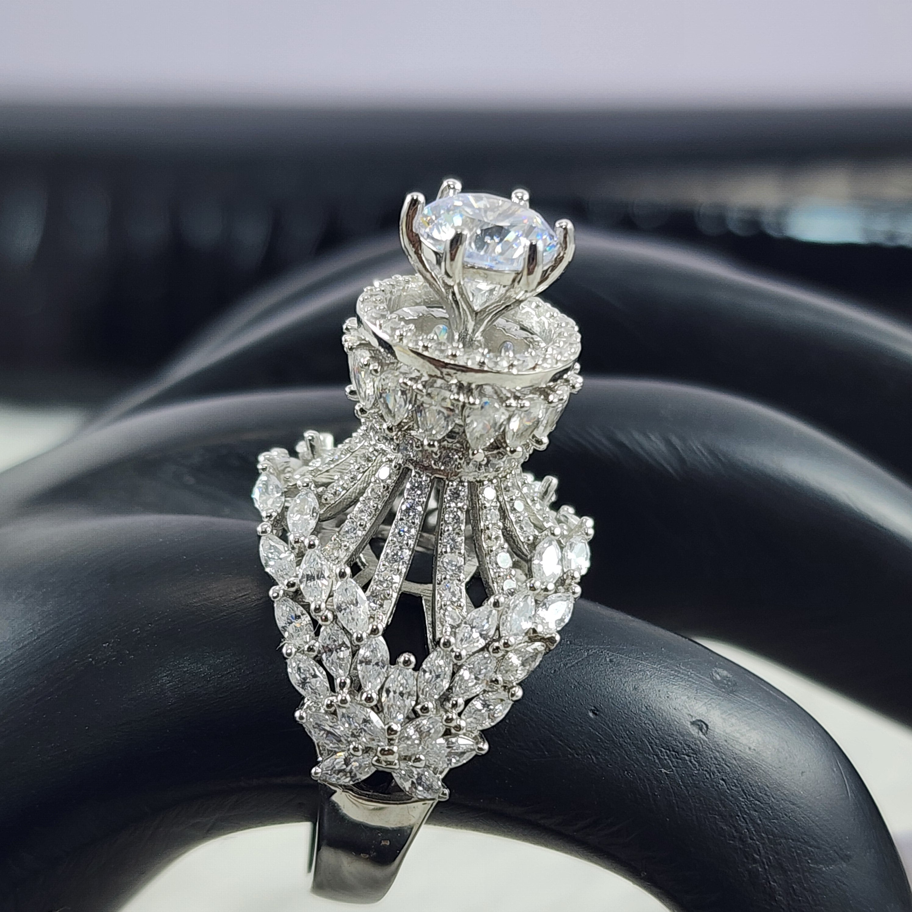 Round Brilliant Solitaire with Pear and Marquise CZ Silver Bridal Ring Size 7