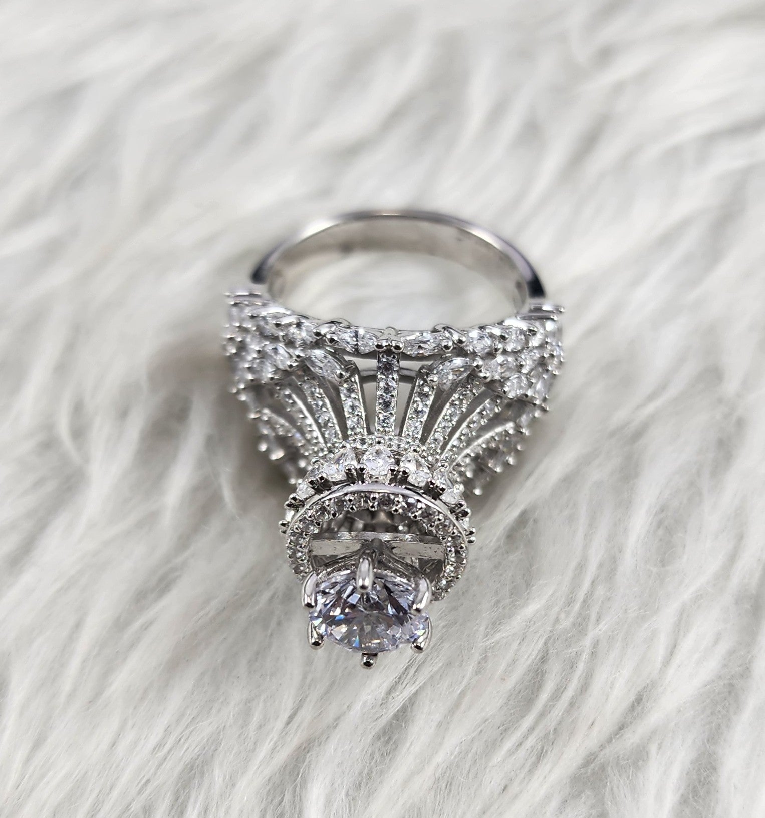 Round Brilliant Solitaire with Pear and Marquise CZ Silver Bridal Ring Size 7