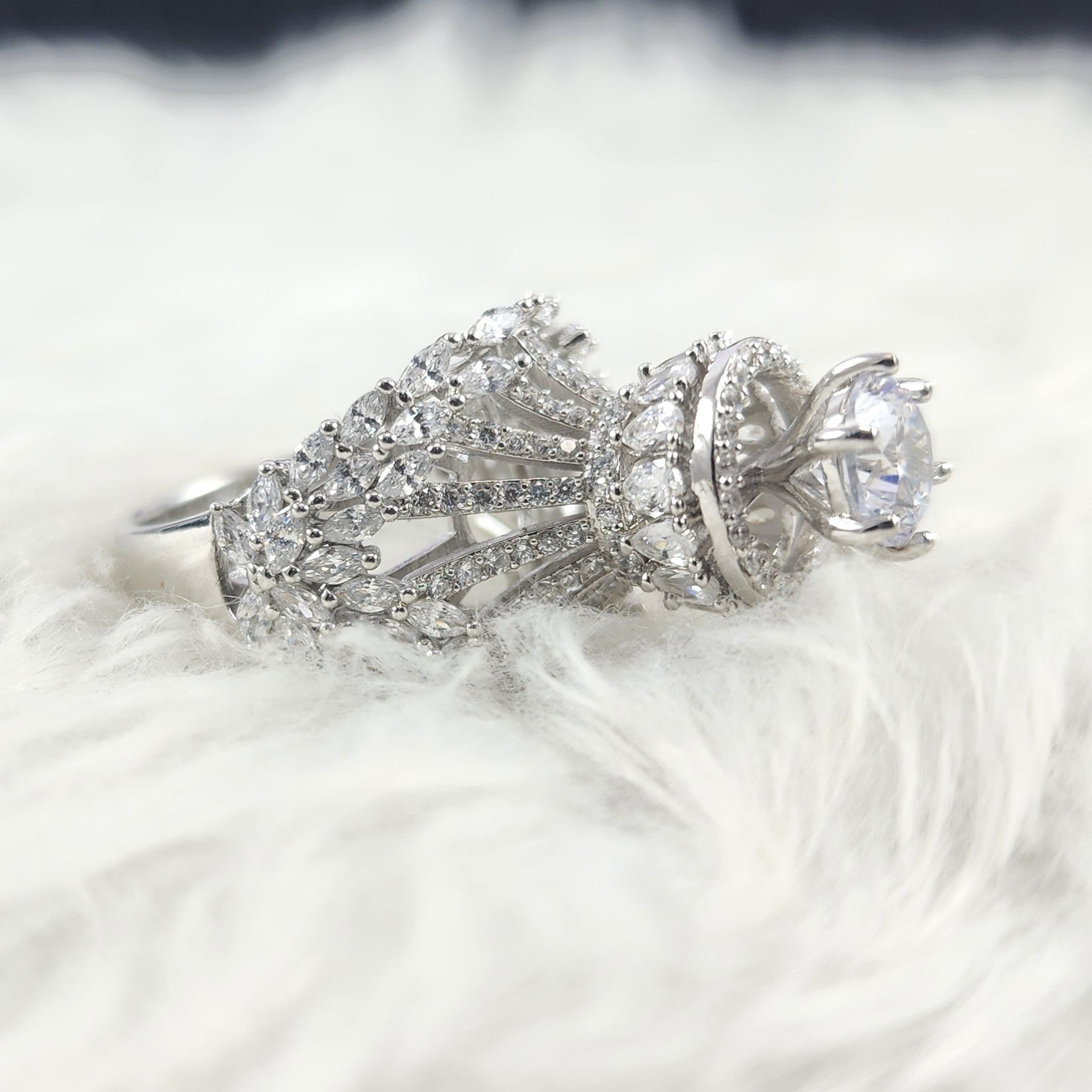 Round Brilliant Solitaire with Pear and Marquise CZ Silver Bridal Ring Size 7