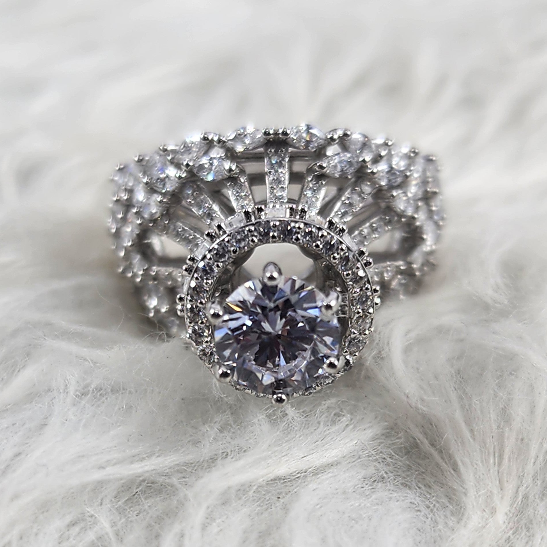 Round Brilliant Solitaire with Pear and Marquise CZ Silver Bridal Ring Size 7