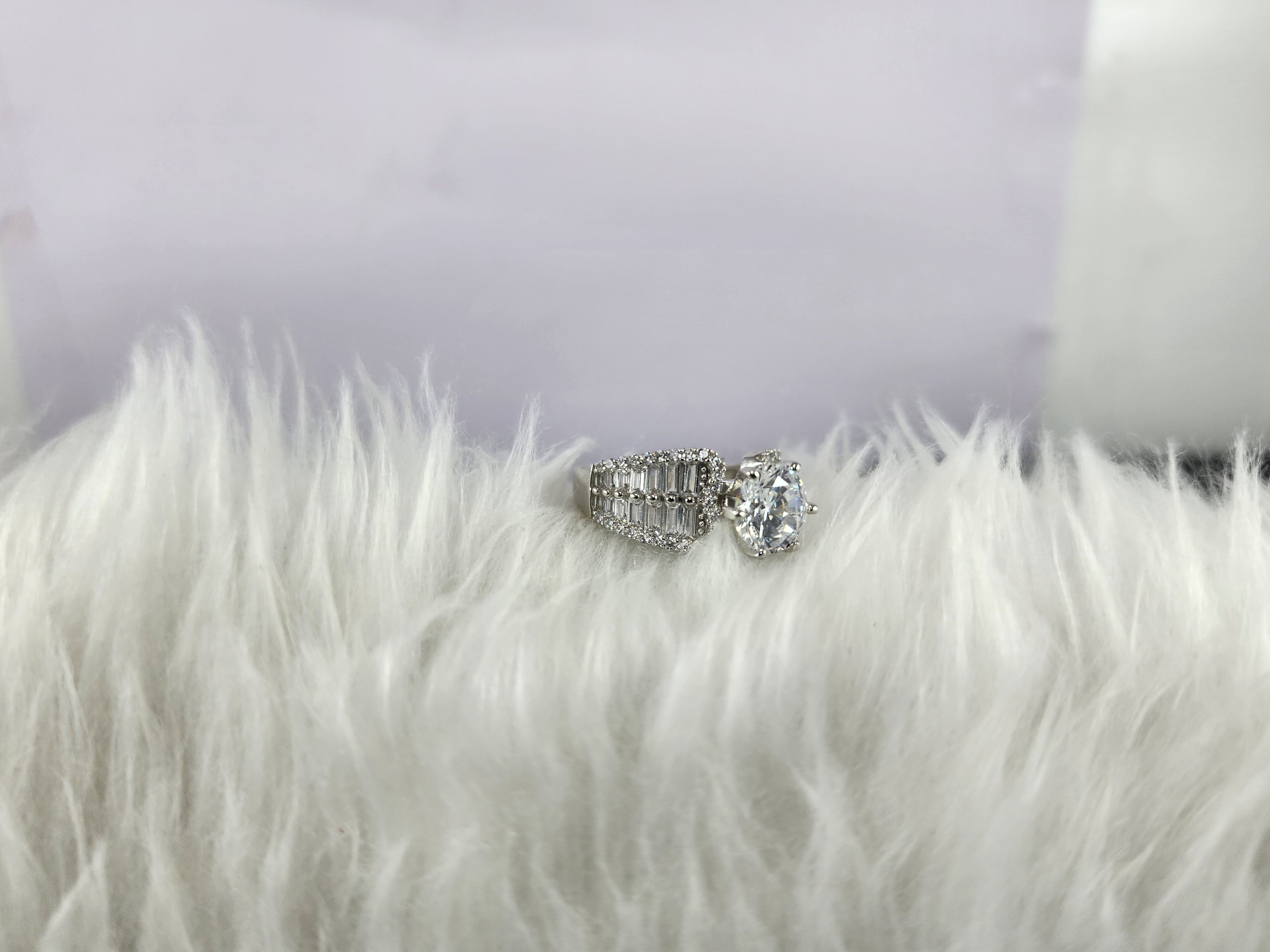 Silver Solitaire plus Baguette Diamonds Bridal Ring